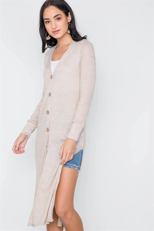 Taupe Knit Light Long Sleeve Button Down Midi Cardigan /3-2 - Tasha Apparel Wholesale
