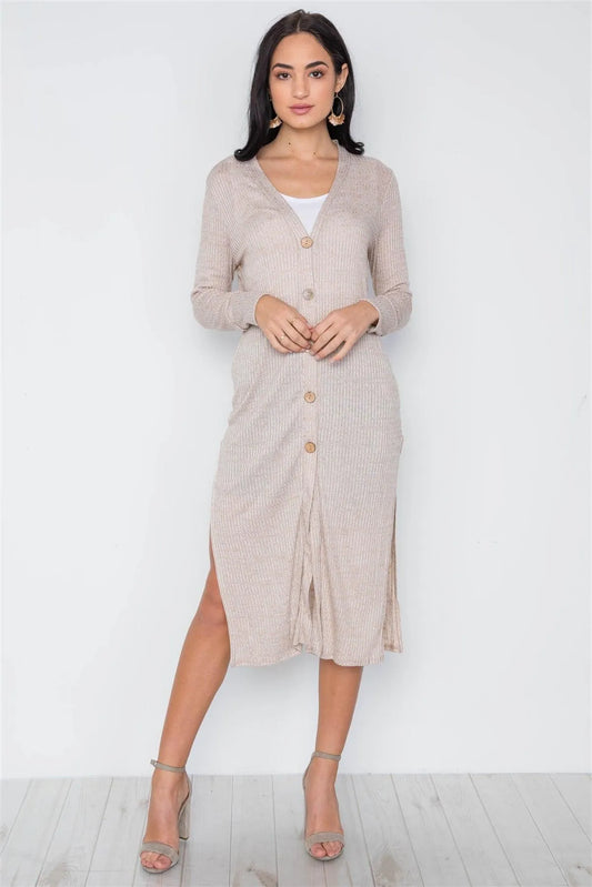 Taupe Knit Light Long Sleeve Button Down Midi Cardigan /3-2-1 - Tasha Apparel Wholesale