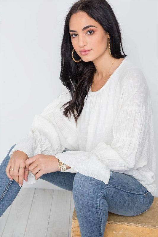 Ivory Long Sleeve Ruffle Sleeves Solid Boho Top /3-2-1 - Tasha Apparel Wholesale