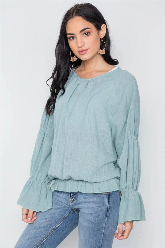 Mint Long Sleeve Ruffle Sleeves Solid Boho Top /3-2-1 - Tasha Apparel Wholesale