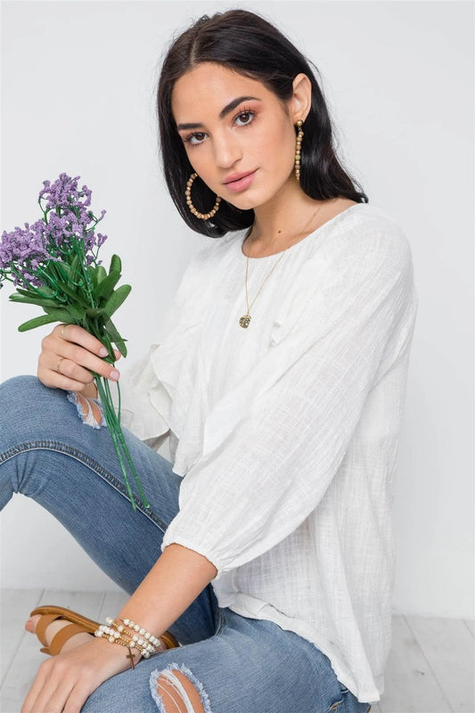 Ivory Solid Ruffle 3/4 Sleeve Boho Top /3-2-1 - Tasha Apparel Wholesale