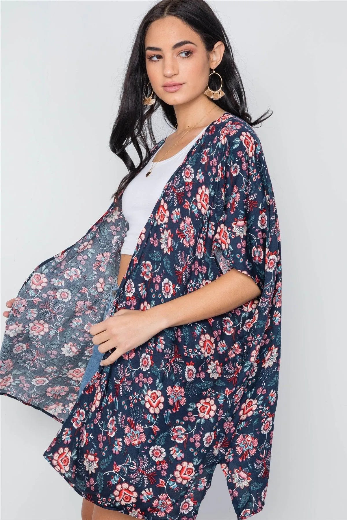 Multi Navy Floral Print Cover Up Kimono /3-2-1 - Tasha Apparel Wholesale
