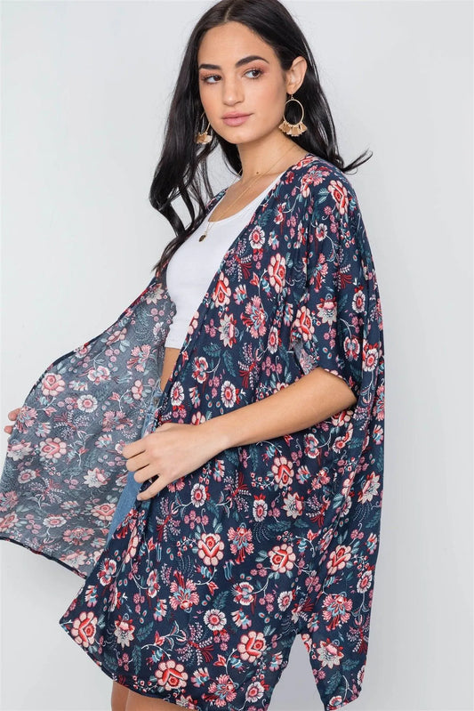 Multi Navy Floral Print Cover Up Kimono /3-2-1 - Tasha Apparel Wholesale