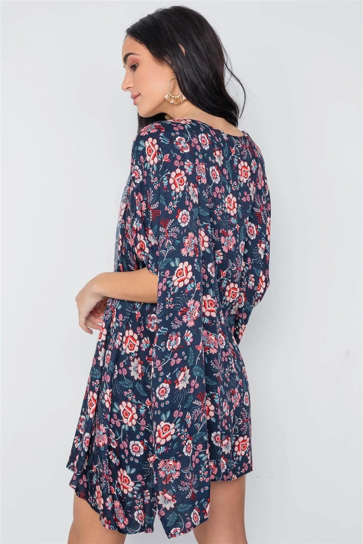 Multi Navy Floral Print Cover Up Kimono /3-2-1 - Tasha Apparel Wholesale
