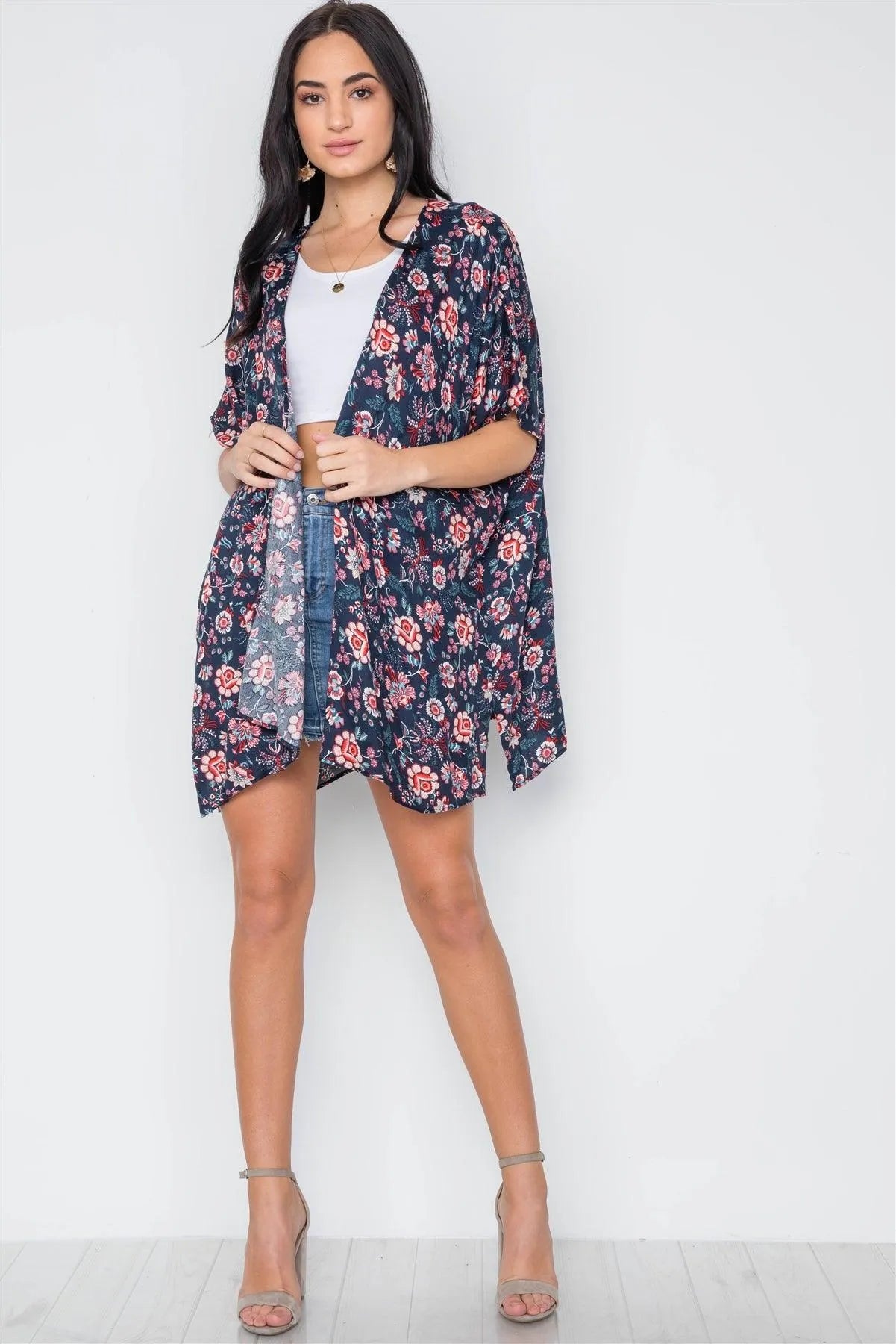 Multi Navy Floral Print Cover Up Kimono /3-2-1 - Tasha Apparel Wholesale