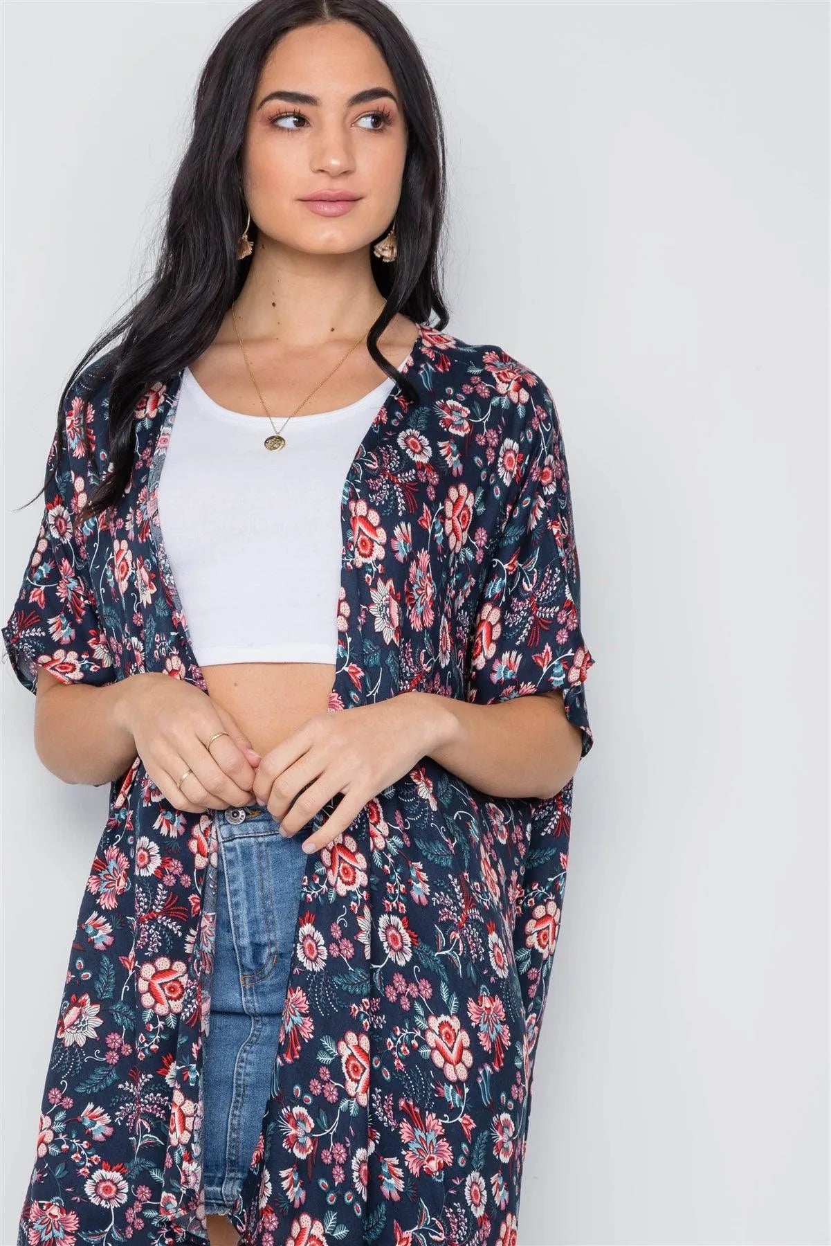 Multi Navy Floral Print Cover Up Kimono /3-2-1 - Tasha Apparel Wholesale