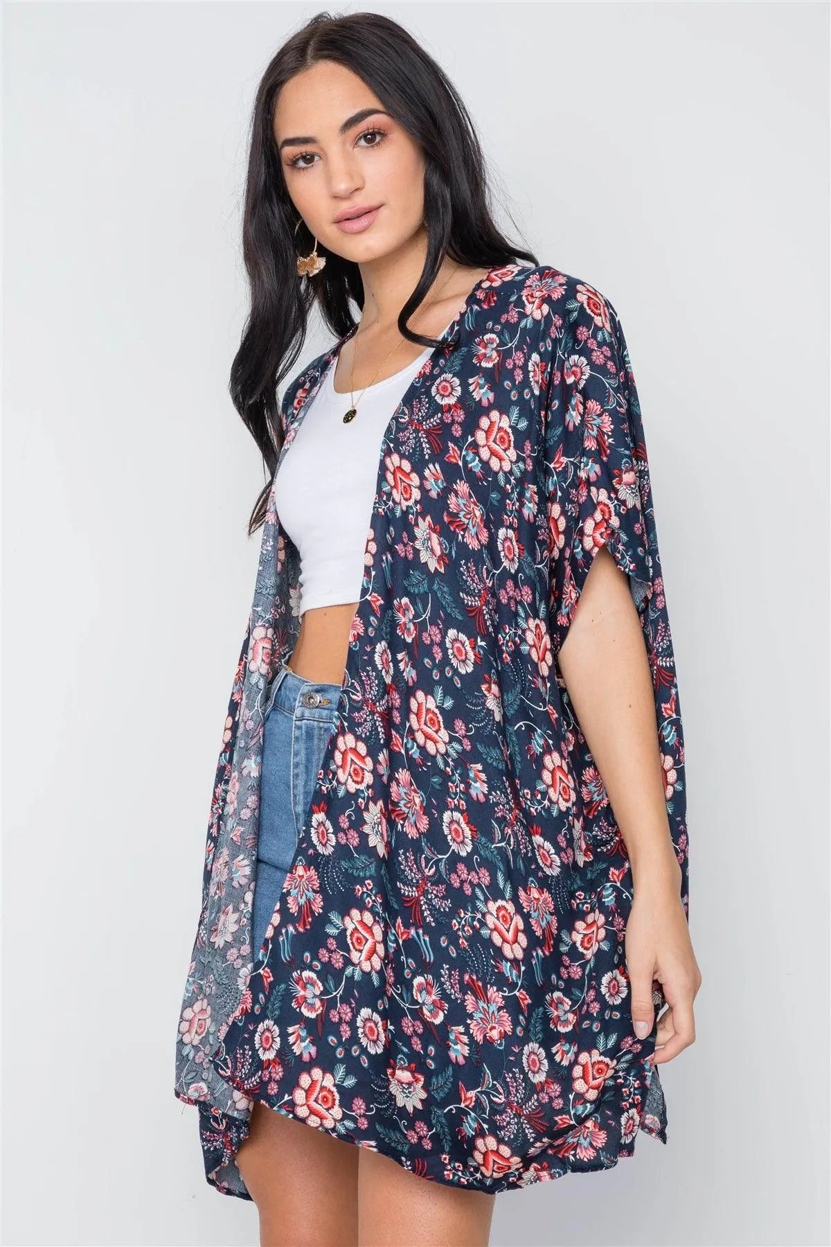 Multi Navy Floral Print Cover Up Kimono /3-2-1 - Tasha Apparel Wholesale