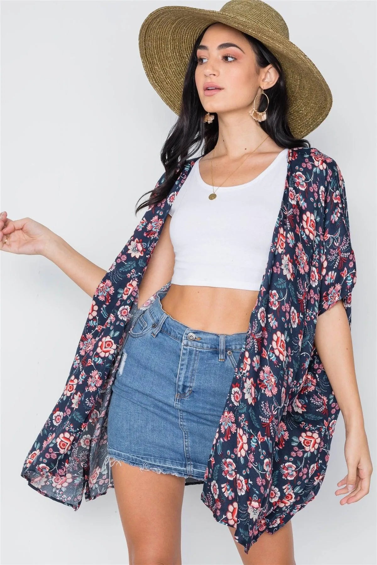 Multi Navy Floral Print Cover Up Kimono /3-2-1 - Tasha Apparel Wholesale