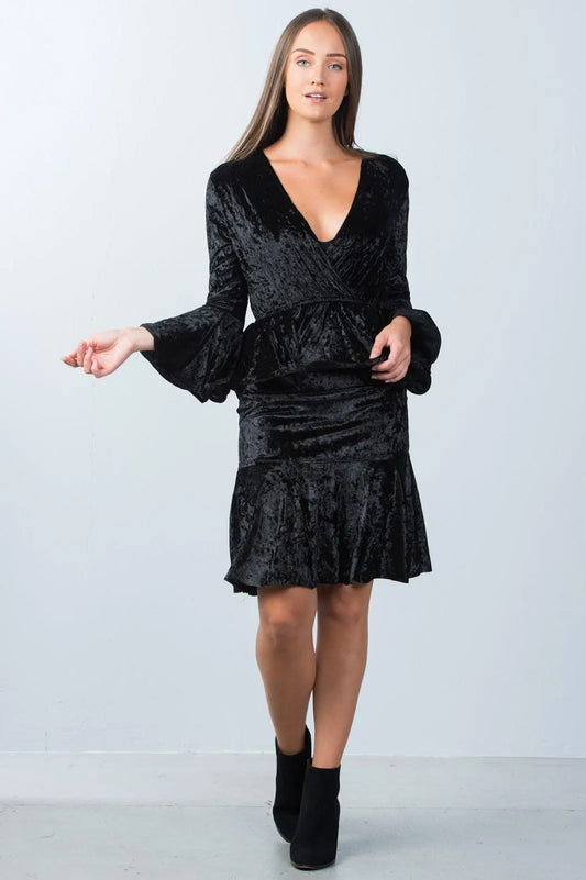 Black Velvet Plunge CrossOver Top With Midi Skirt Set /2-2-2 - Tasha Apparel Wholesale