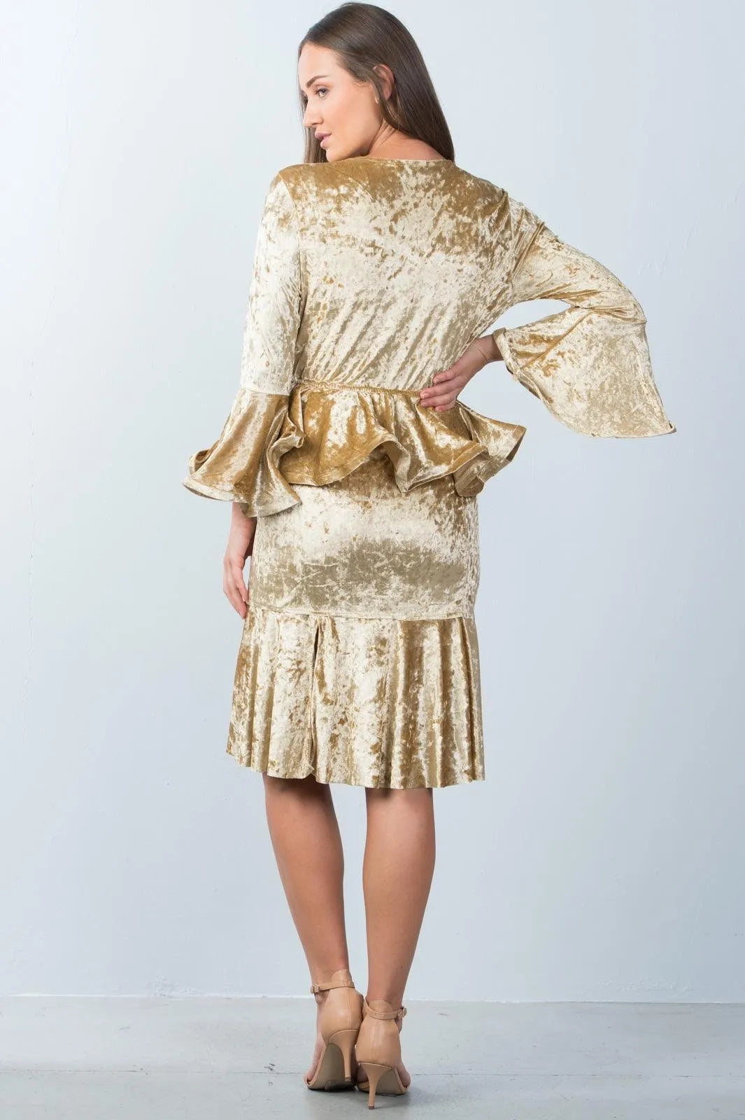 Gold Velvet Plunge CrossOver Top With Midi Skirt Set /2-2 - Tasha Apparel Wholesale