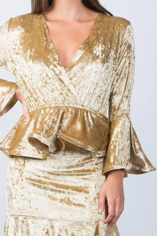 Gold Velvet Plunge CrossOver Top With Midi Skirt Set /2-2-2 - Tasha Apparel Wholesale