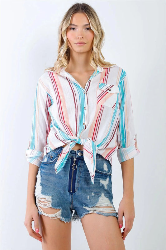 Cream Textured Multi Color Stripe Cotton Tie-Front Shirt Top /1-2-2-1 - Tasha Apparel Wholesale