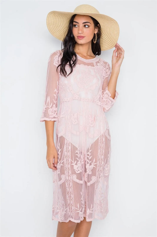 Dusty Pink Floral Embroidery Tunic Dress /5-2 - Tasha Apparel Wholesale
