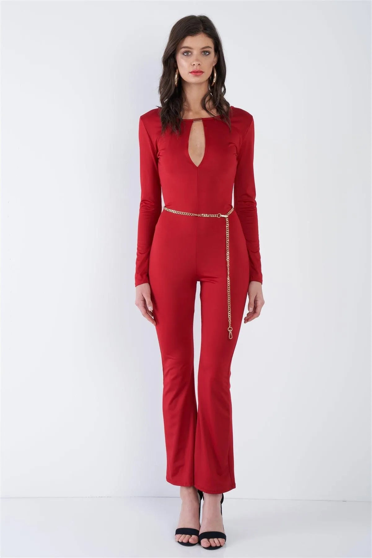 Red V-Neck Back Gold Hardware Keyhole Front Wide Leg Jumpsuit /2-2-2 - Tasha Apparel Wholesale