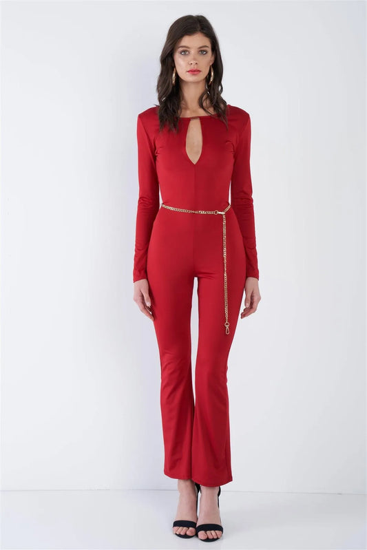 Red V-Neck Back Gold Hardware Keyhole Front Wide Leg Jumpsuit /2-2-2 - Tasha Apparel Wholesale