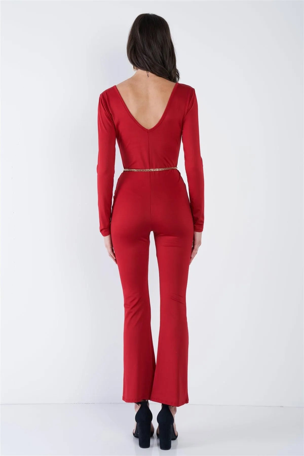 Red V-Neck Back Gold Hardware Keyhole Front Wide Leg Jumpsuit /2-2-2 - Tasha Apparel Wholesale