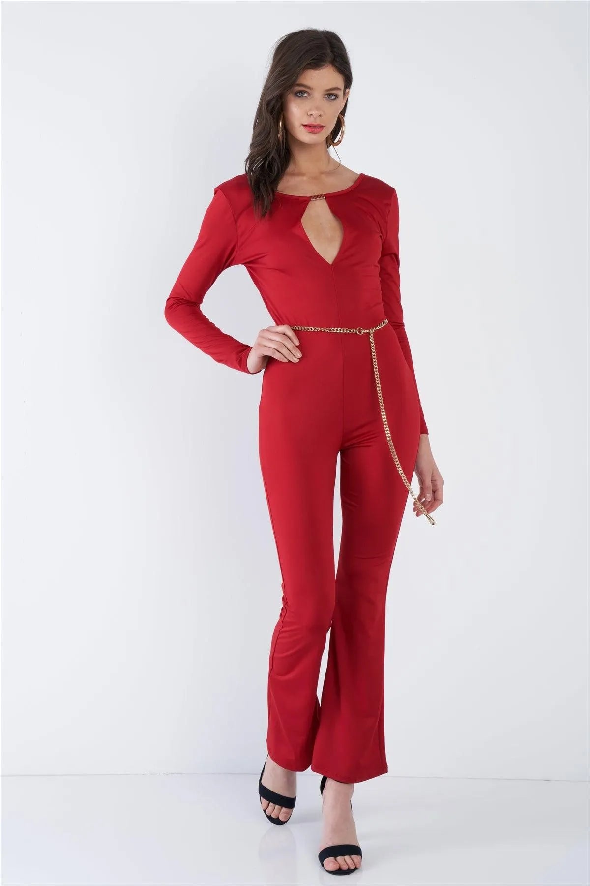 Red V-Neck Back Gold Hardware Keyhole Front Wide Leg Jumpsuit /2-2-2 - Tasha Apparel Wholesale