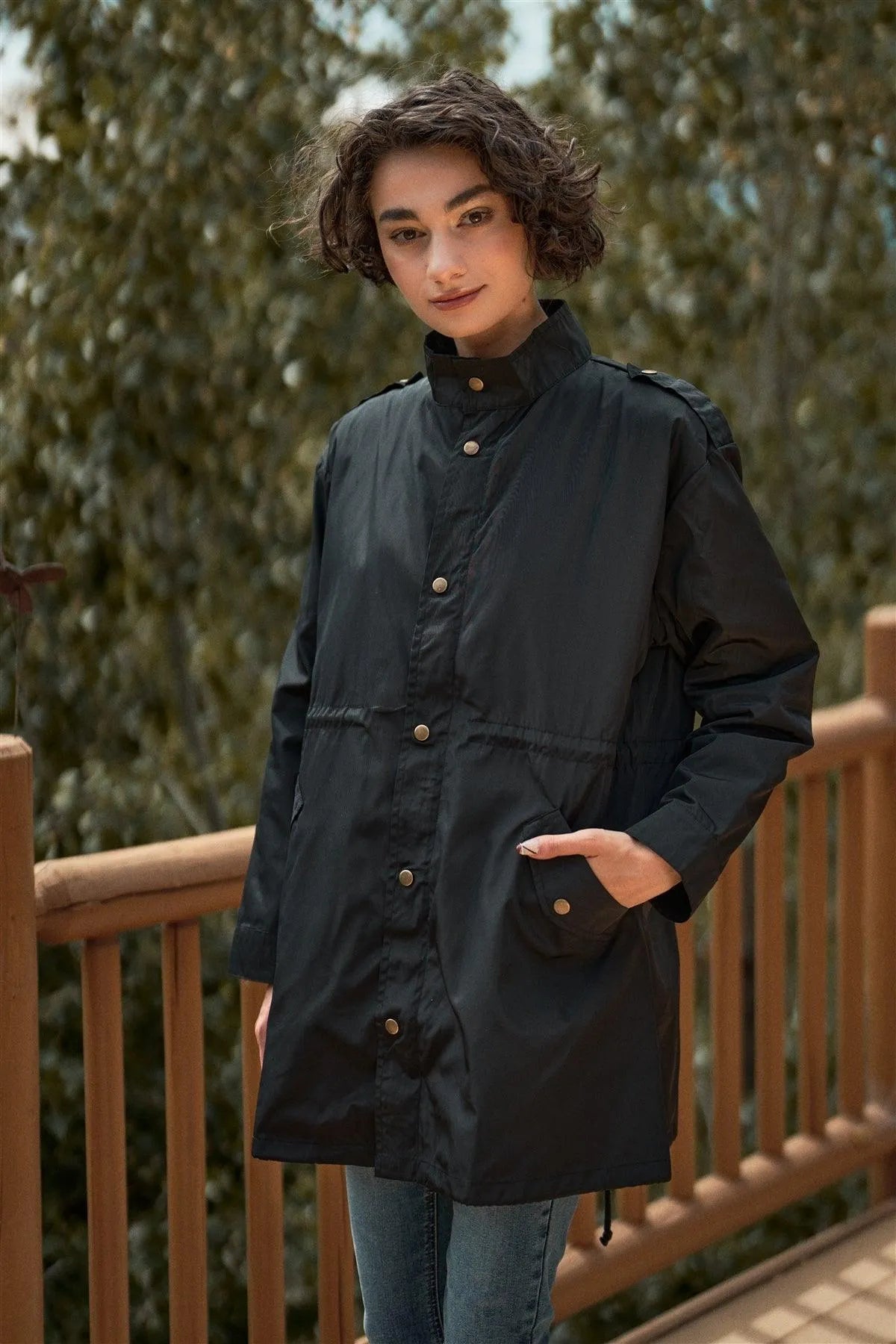 Black Glossy Drawstring Hem Button-Down Coach Jacket /2-2-2 - Tasha Apparel Wholesale