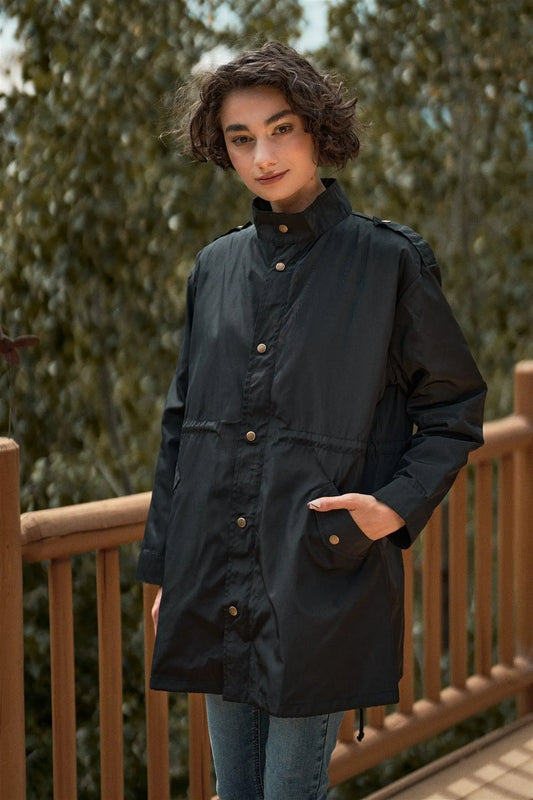 Black Glossy Drawstring Hem Button-Down Coach Jacket /2-2-2 - Tasha Apparel Wholesale