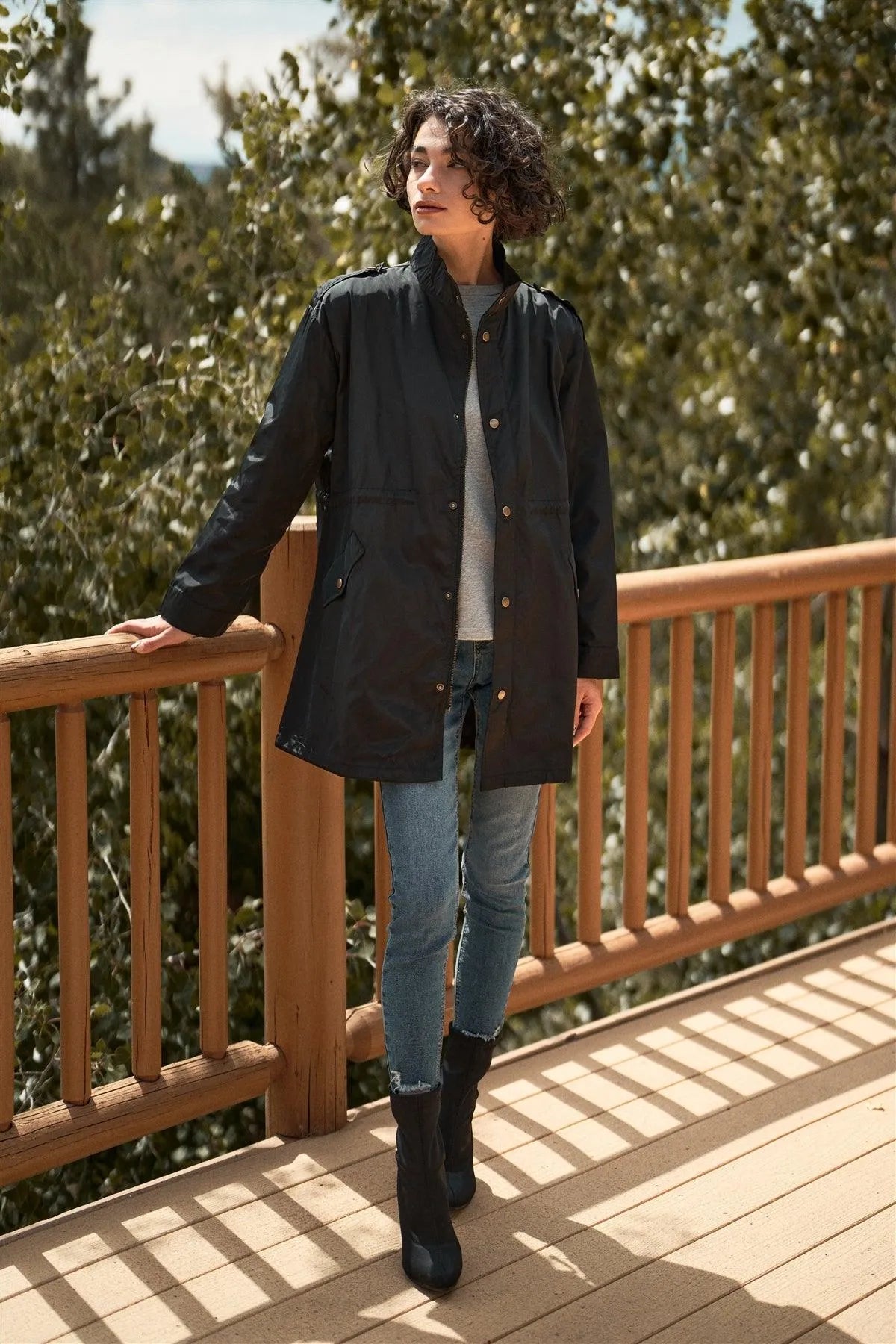 Black Glossy Drawstring Hem Button-Down Coach Jacket /2-2-2 - Tasha Apparel Wholesale