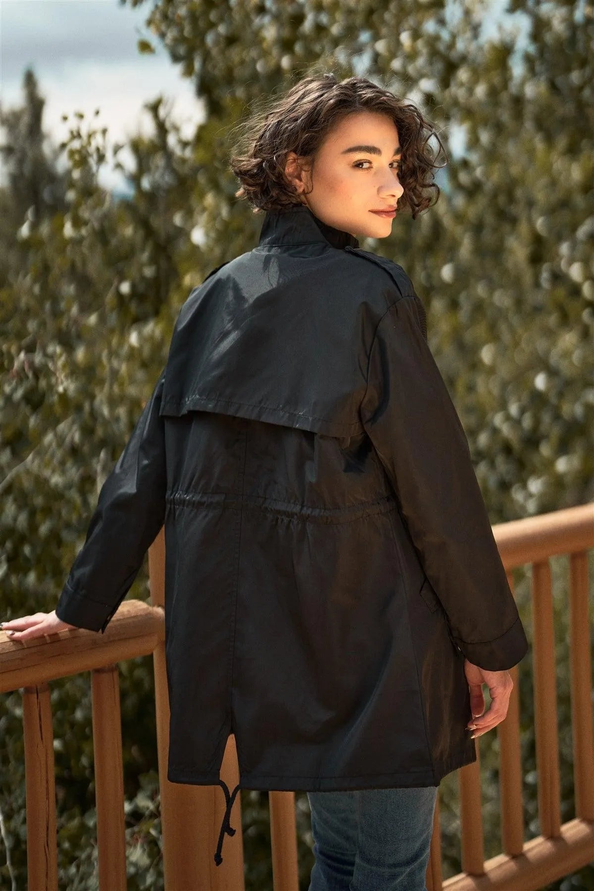 Black Glossy Drawstring Hem Button-Down Coach Jacket /2-2-2 - Tasha Apparel Wholesale