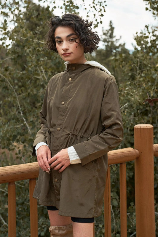 Olive Glossy Drawstring Hem Button-Down Coach Jacket - Tasha Apparel Wholesale