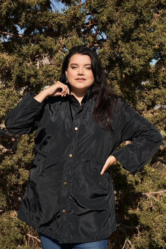 Junior Plus Size Black Glossy Drawstring Hem Button-Down Coach Jacket /2-2-2 - Tasha Apparel Wholesale