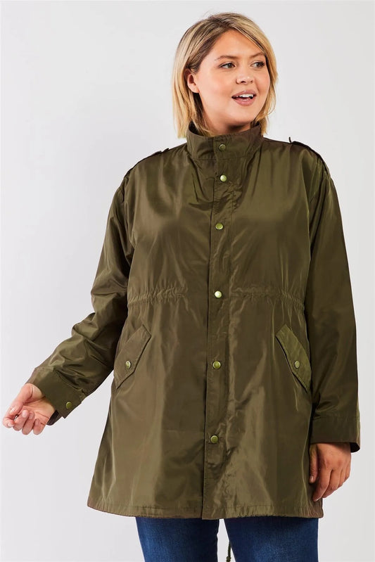 Junior Plus Size Olive Glossy Drawstring Hem Button-Down Coach Jacket /2-2-2 - Tasha Apparel Wholesale