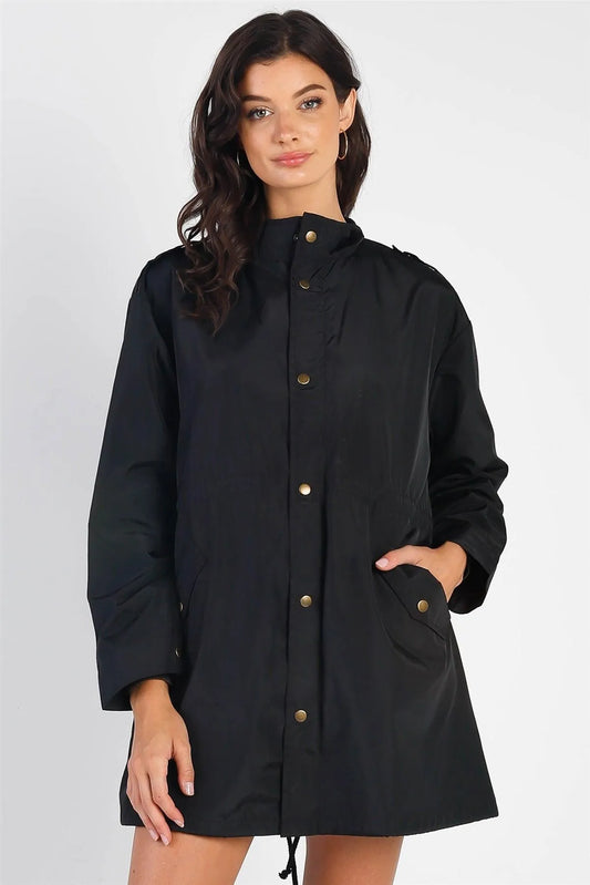 Black Glossy Drawstring Trim Button-Down Coach Rain Coat Jacket /2-2-2 - Tasha Apparel Wholesale