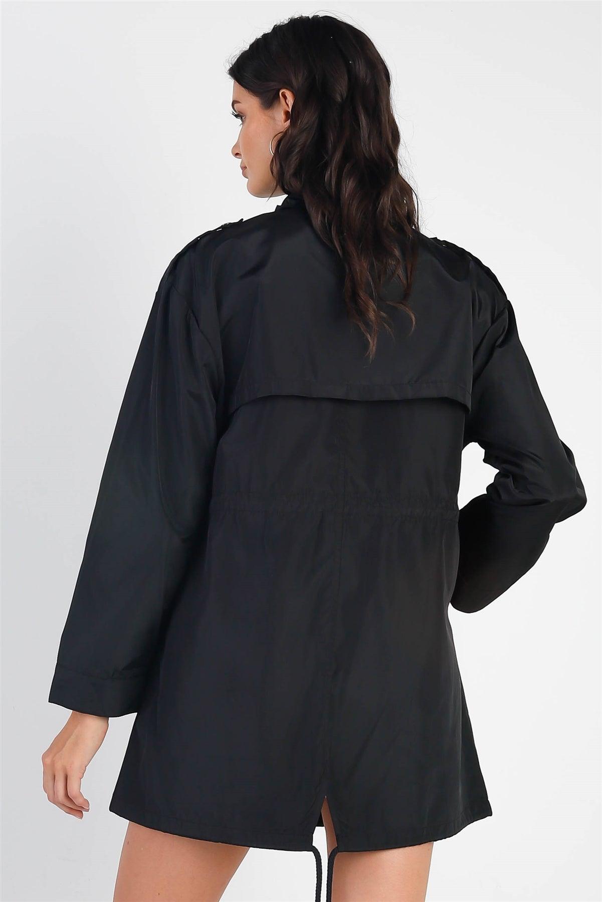 Black Glossy Drawstring Trim Button-Down Coach Rain Coat Jacket /2-2-2