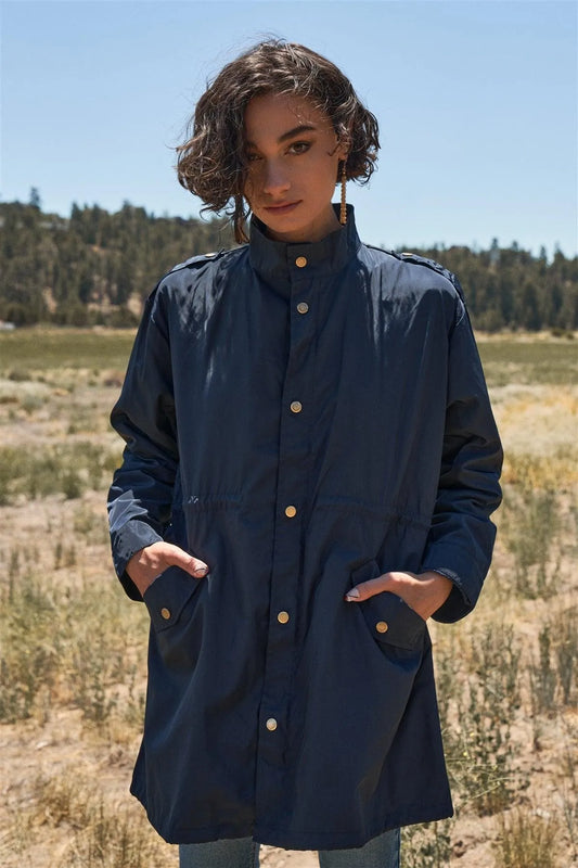 Navy Glossy Drawstring Trim Button-Down Coach Rain Coat Jacket /2-2-2 - Tasha Apparel Wholesale