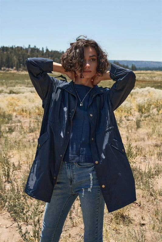 Navy Glossy Drawstring Trim Button-Down Coach Jacket /3-2-1 - Tasha Apparel Wholesale