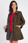 Olive Glossy Drawstring Trim Button-Down Coach Rain Coat Jacket /2-2-2