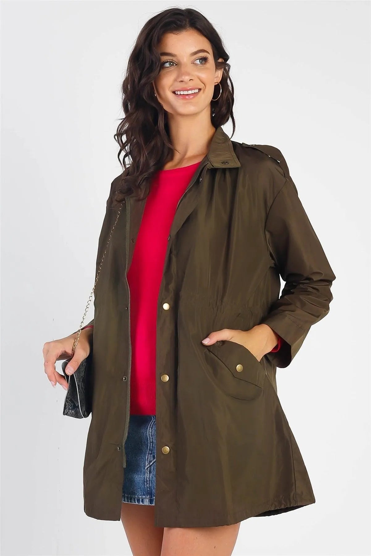 Olive Glossy Drawstring Trim Button-Down Coach Rain Coat Jacket /2-2-2 - Tasha Apparel Wholesale