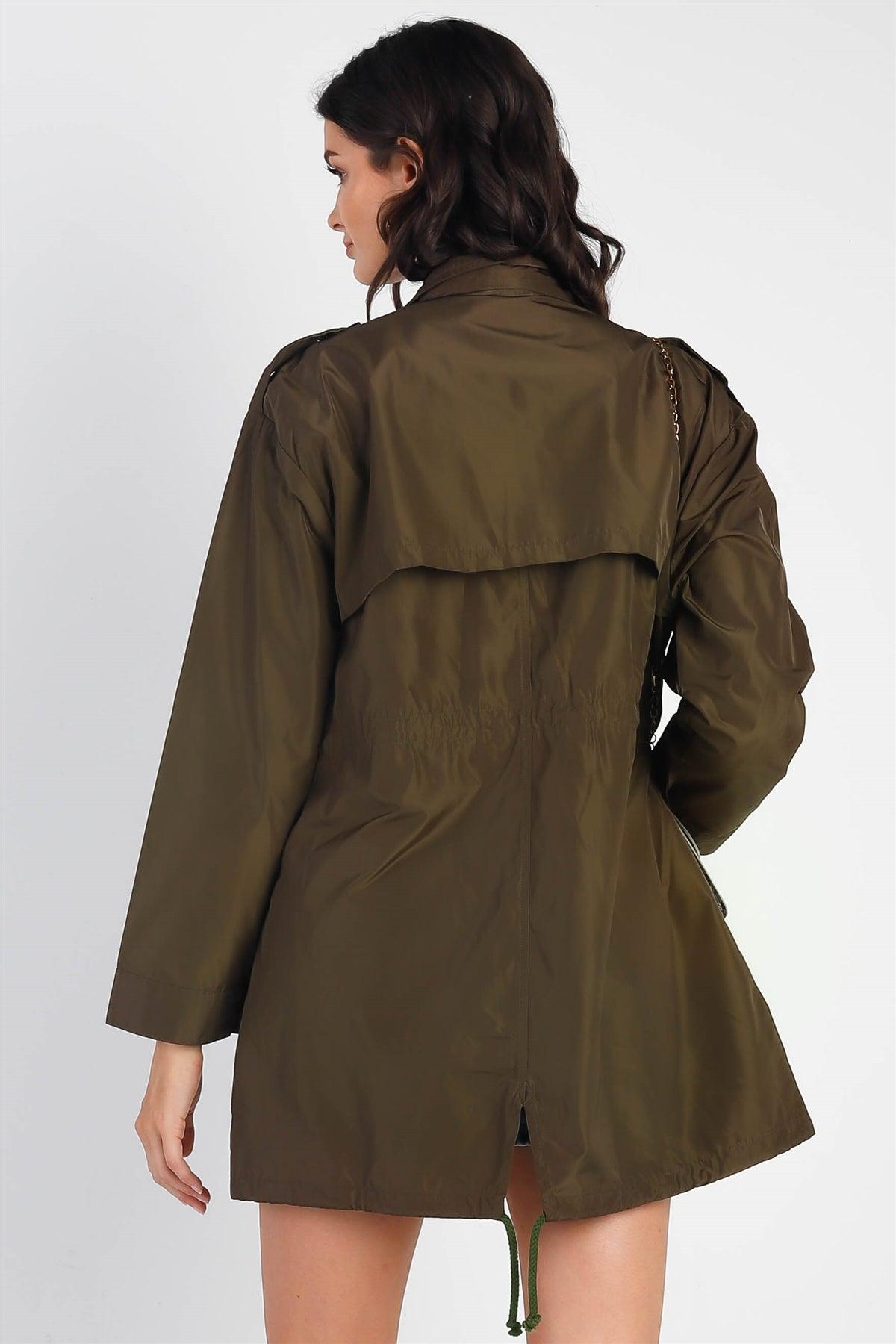 Olive Glossy Drawstring Trim Button-Down Coach Rain Coat Jacket /2-2-2