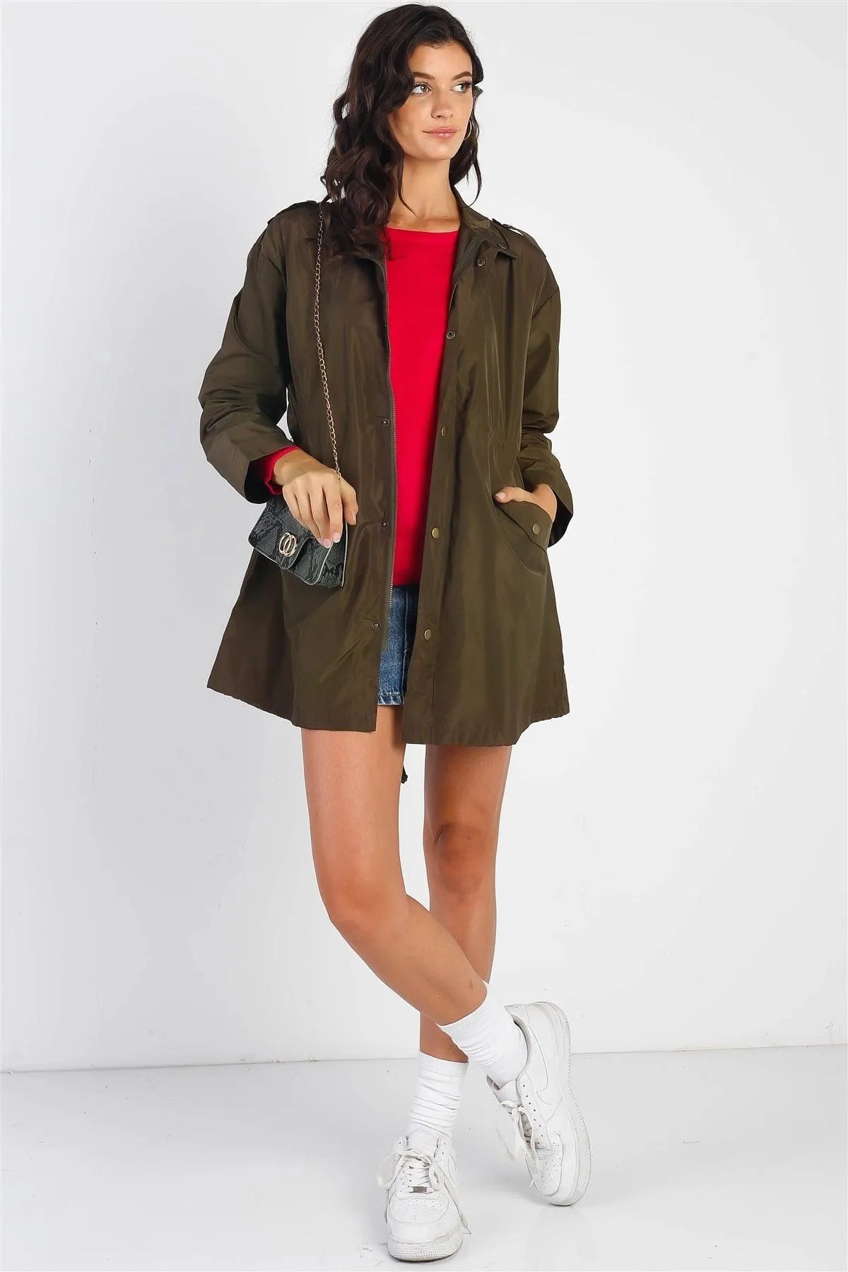 Olive Glossy Drawstring Trim Button-Down Coach Rain Coat Jacket /2-2-2 - Tasha Apparel Wholesale