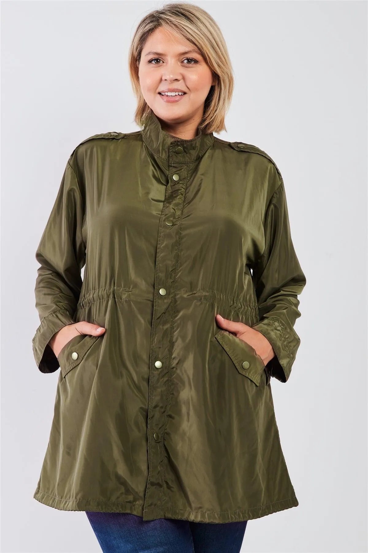 Plus Size Moss Glossy Button-Down Coach Jacket /2-2-2 - Tasha Apparel Wholesale