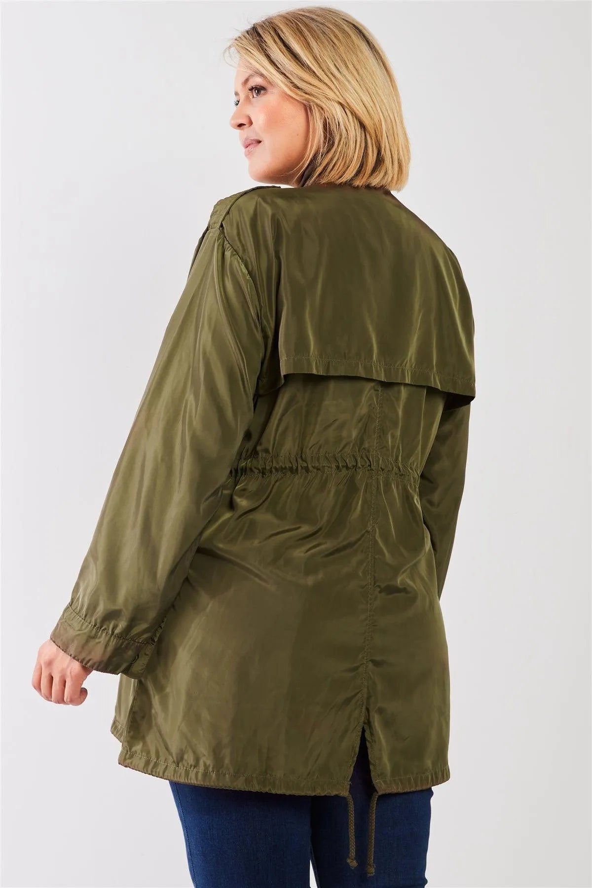 Plus Size Moss Glossy Button-Down Coach Jacket /2-2-2 - Tasha Apparel Wholesale
