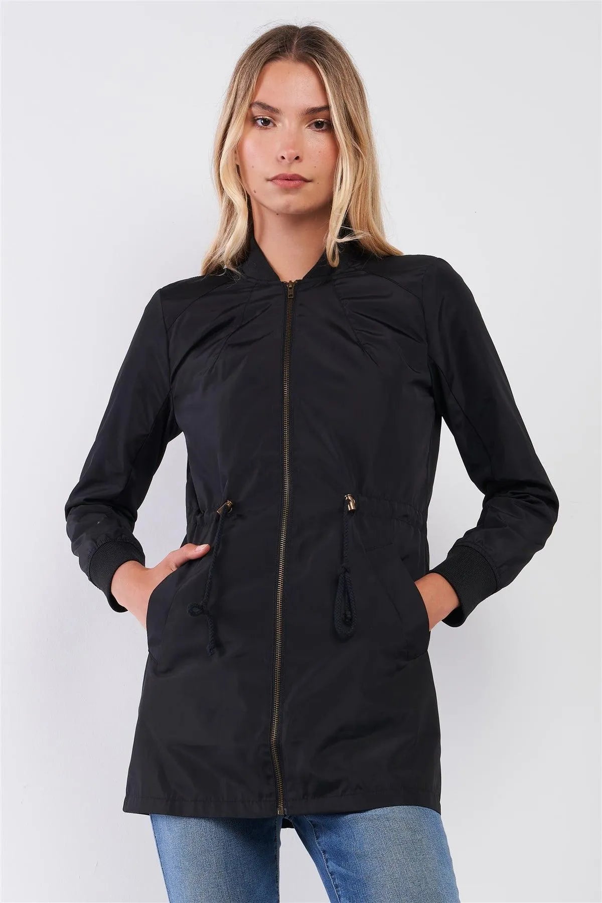 Black Drawstring Trim Zip-Up Fitted Coach Rain Jacket /2-2-2 - Tasha Apparel Wholesale