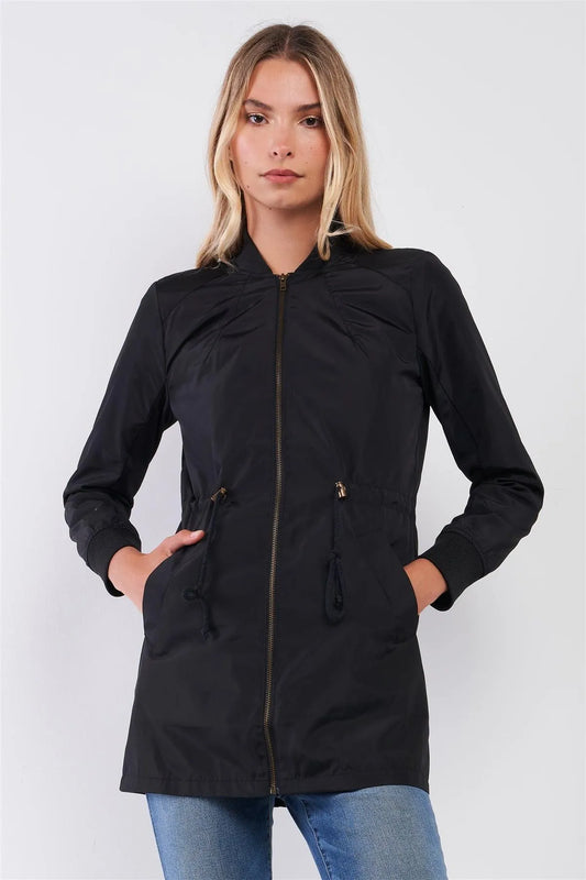 Black Drawstring Trim Zip-Up Fitted Coach Rain Jacket /2-2-2 - Tasha Apparel Wholesale