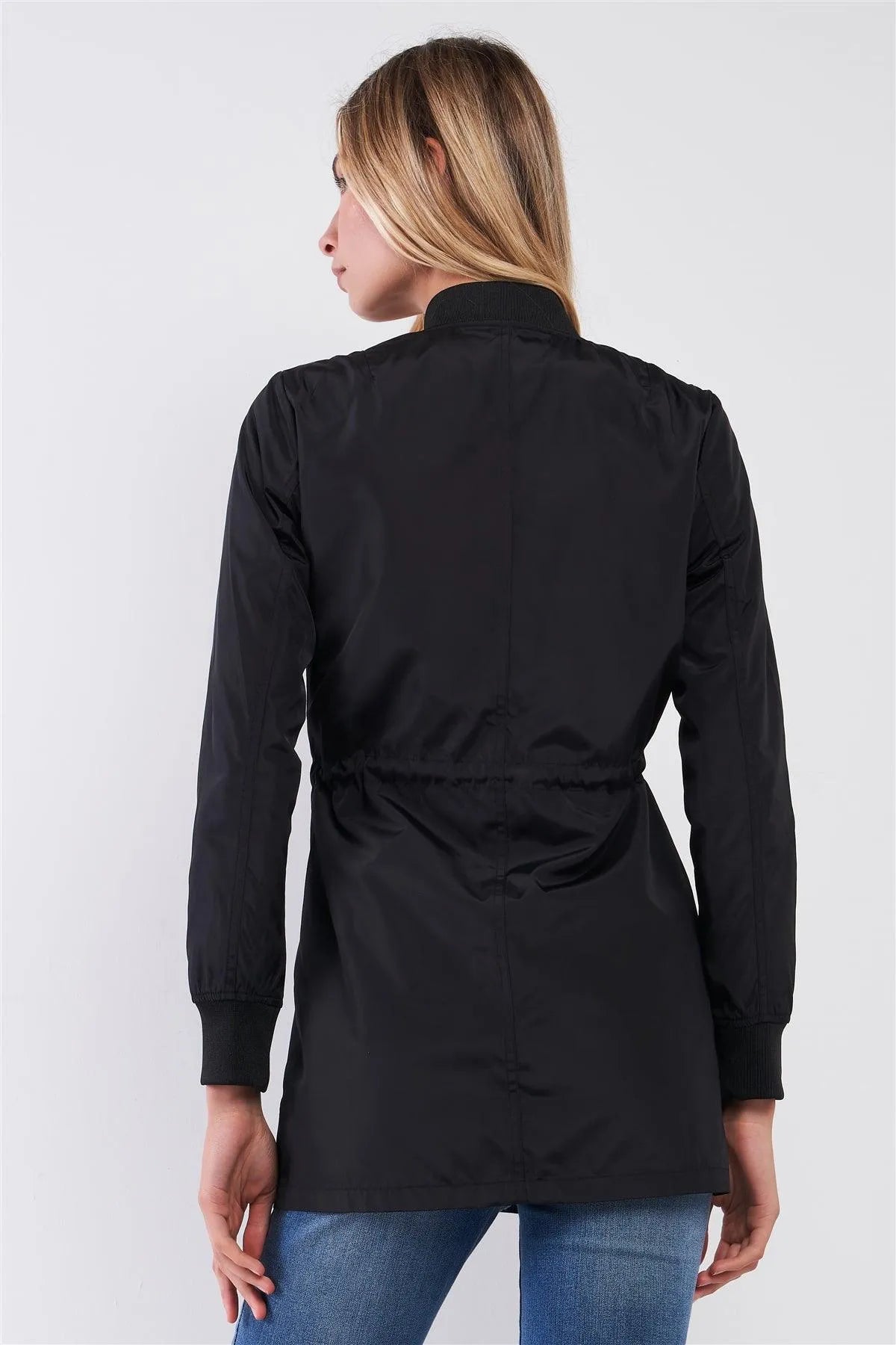 Black Drawstring Trim Zip-Up Fitted Coach Rain Jacket /2-2-2 - Tasha Apparel Wholesale