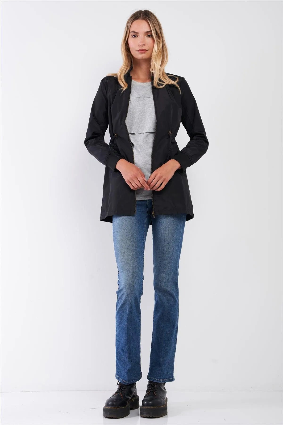 Black Drawstring Trim Zip-Up Fitted Coach Rain Jacket /2-2-2 - Tasha Apparel Wholesale