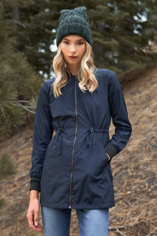 Navy Drawstring Trim Zip-Up Fitted Coach Rain Jacket /1-2-1 - Tasha Apparel Wholesale