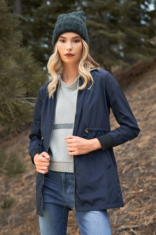 Navy Drawstring Trim Zip-Up Fitted Coach Rain Jacket /2-2-2 - Tasha Apparel Wholesale