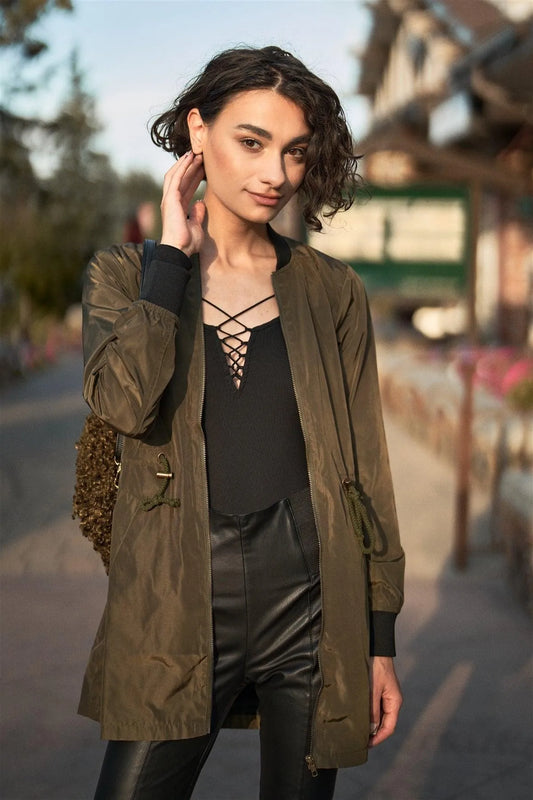 Olive Drawstring Trim Zip-Up Fitted Coach Rain Jacket /2-2-2 - Tasha Apparel Wholesale