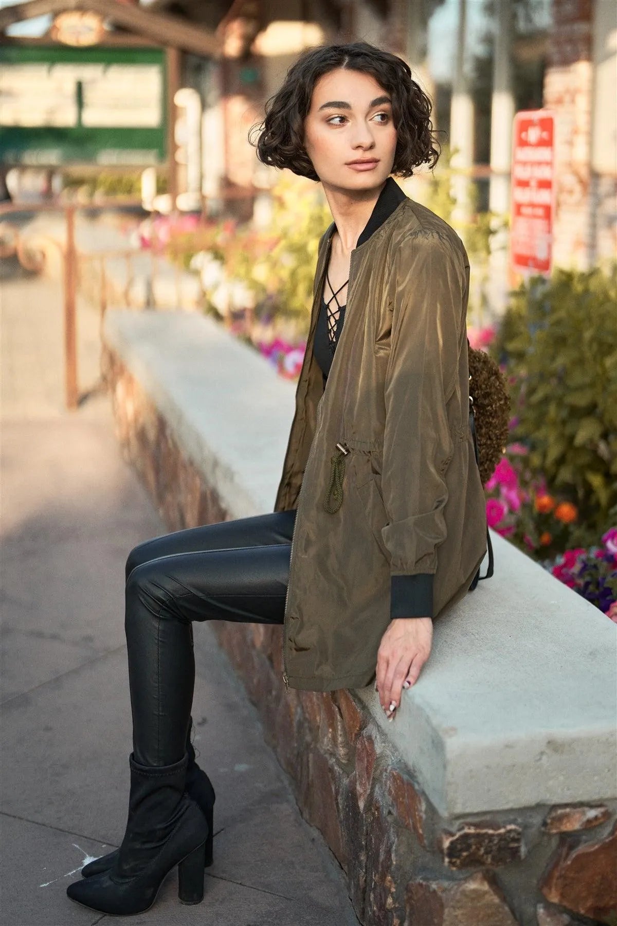 Olive Drawstring Trim Zip-Up Fitted Coach Rain Jacket /1-3-2 - Tasha Apparel Wholesale
