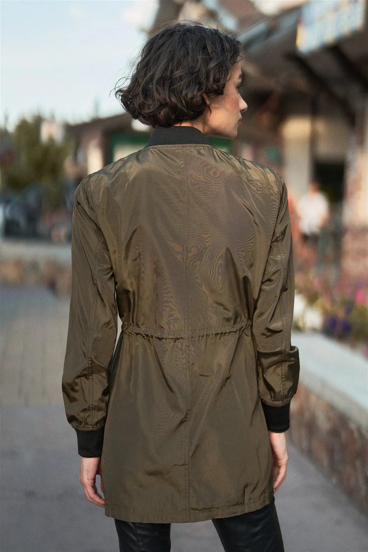 Olive Drawstring Trim Zip-Up Fitted Coach Rain Jacket /1-3-2 - Tasha Apparel Wholesale