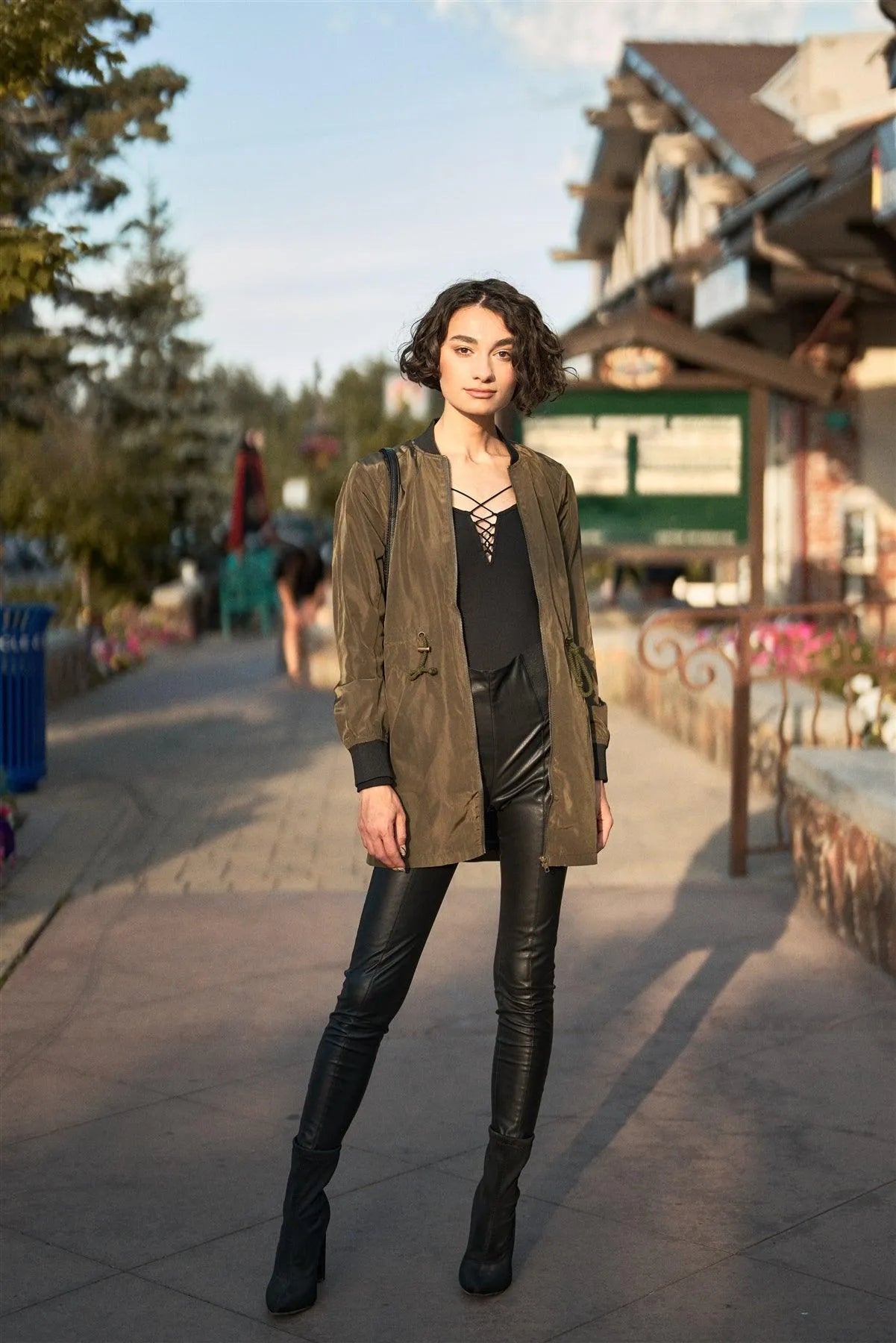 Olive Drawstring Trim Zip-Up Fitted Coach Rain Jacket /1-3-2 - Tasha Apparel Wholesale