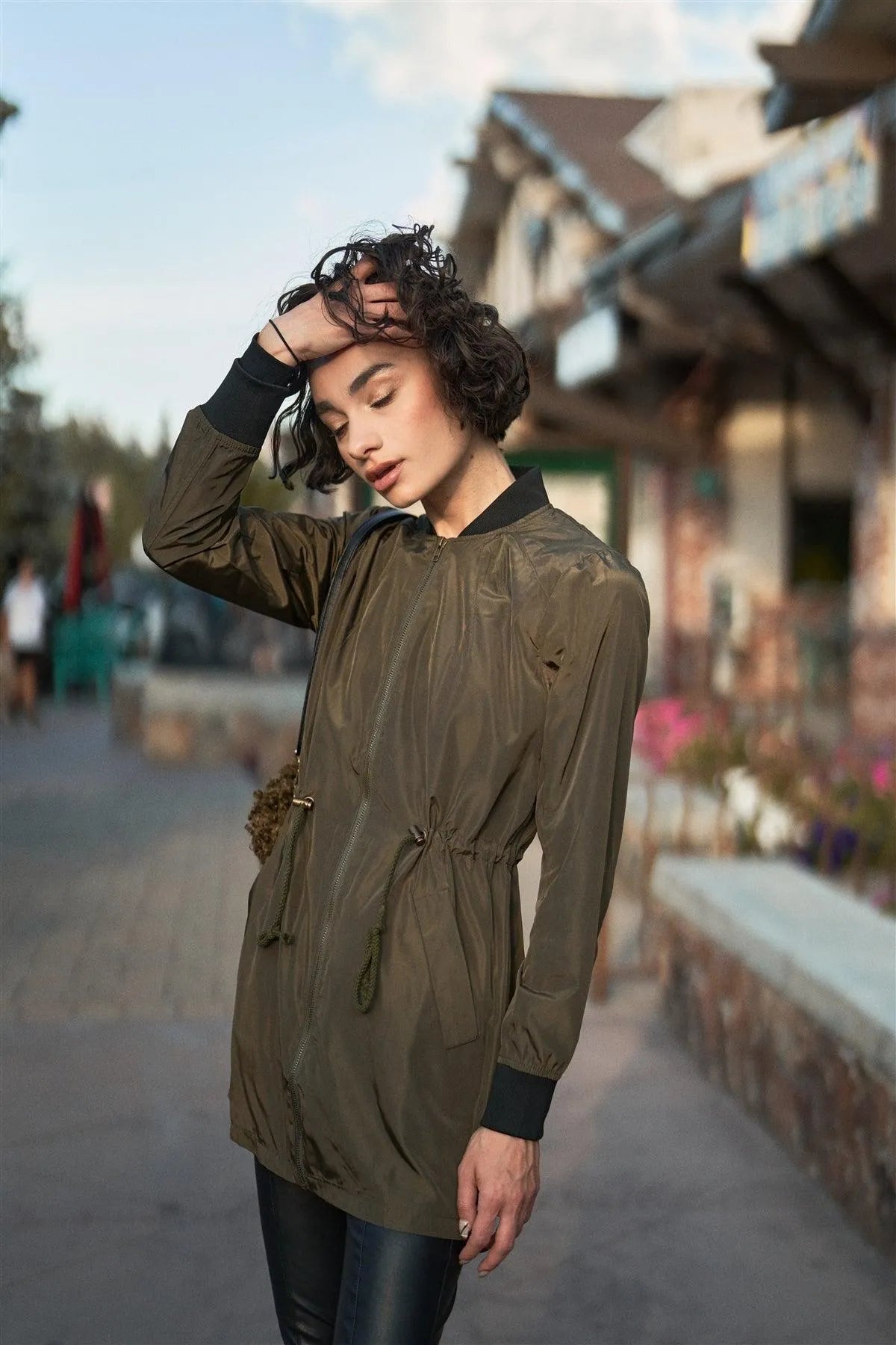 Olive Drawstring Trim Zip-Up Fitted Coach Rain Jacket /1-3-2 - Tasha Apparel Wholesale