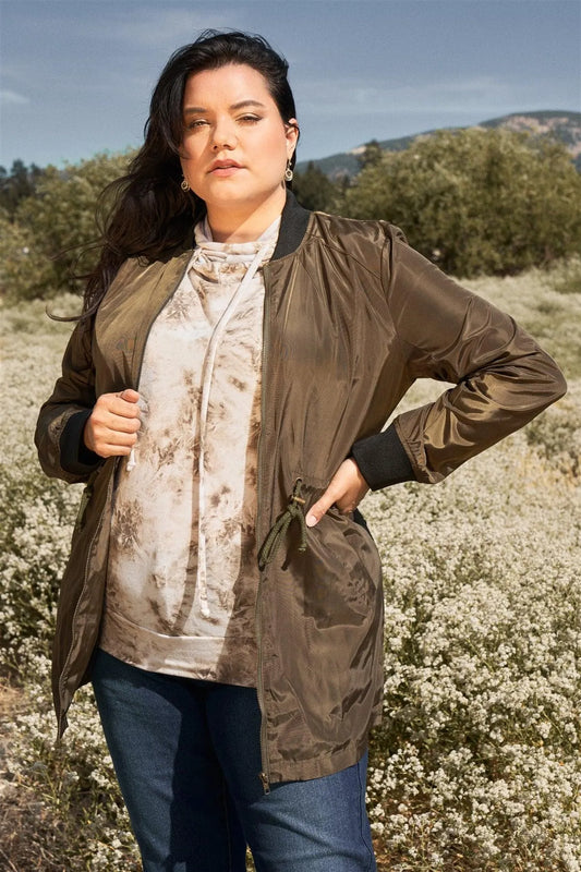 Junior Plus Olive Drawstring Trim Zip-Up Fitted Coach Rain Jacket /2-2-2 - Tasha Apparel Wholesale